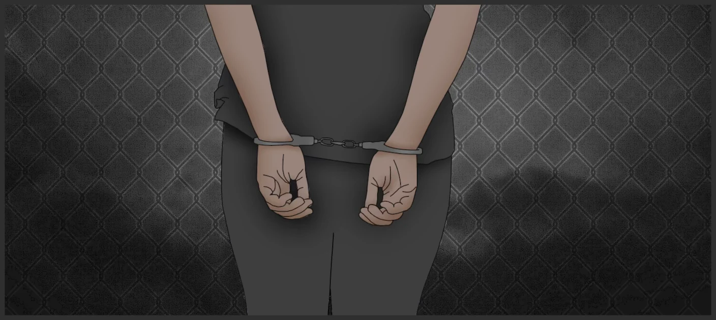 A graphic of a woman shackled in chains.